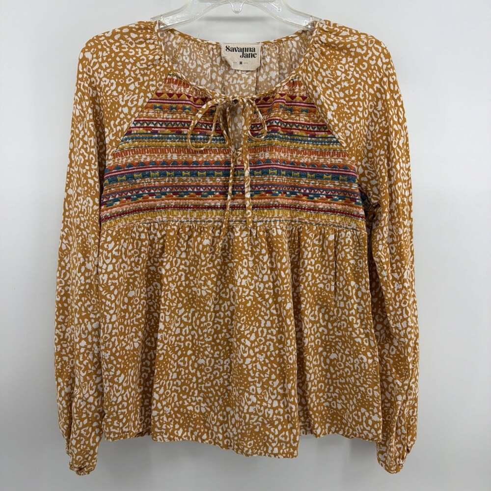 Savanna Jane Embroidered Peasant Boho Blouse Shirt Top Med Long Sleeve